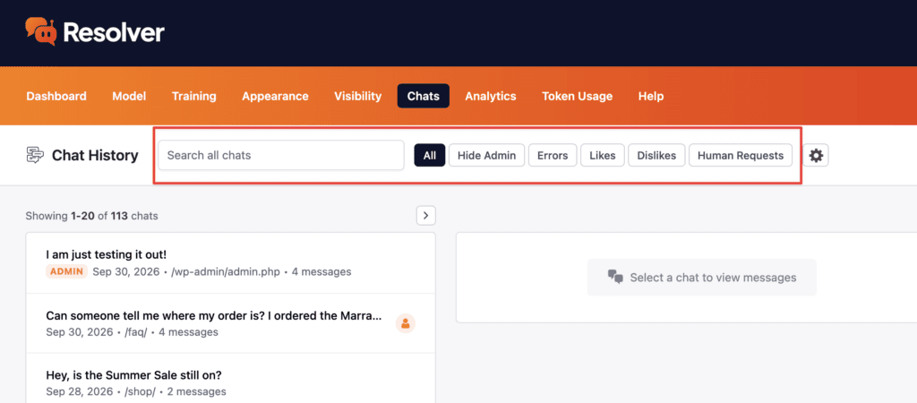 Chats menu toolbar