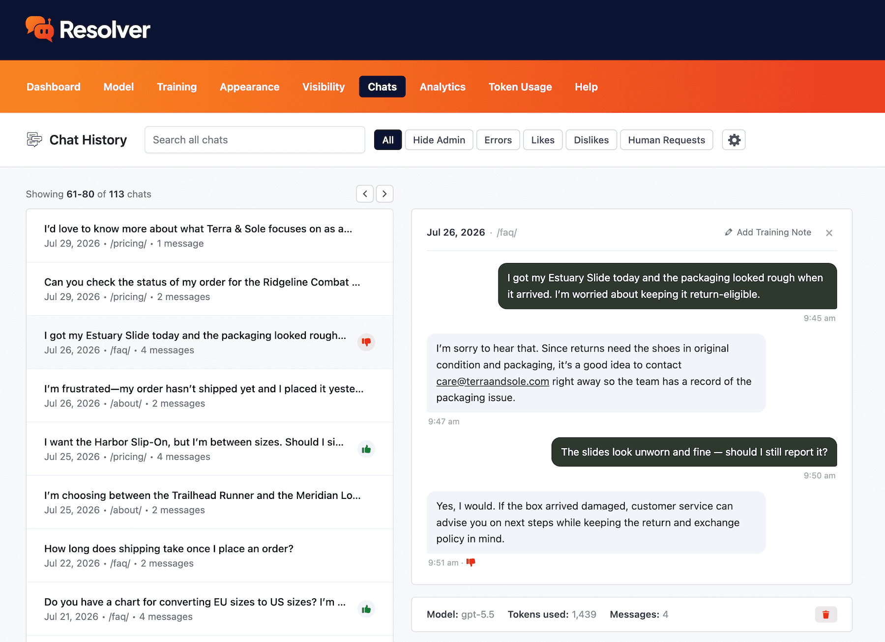 Negative feedback on a chatbot message