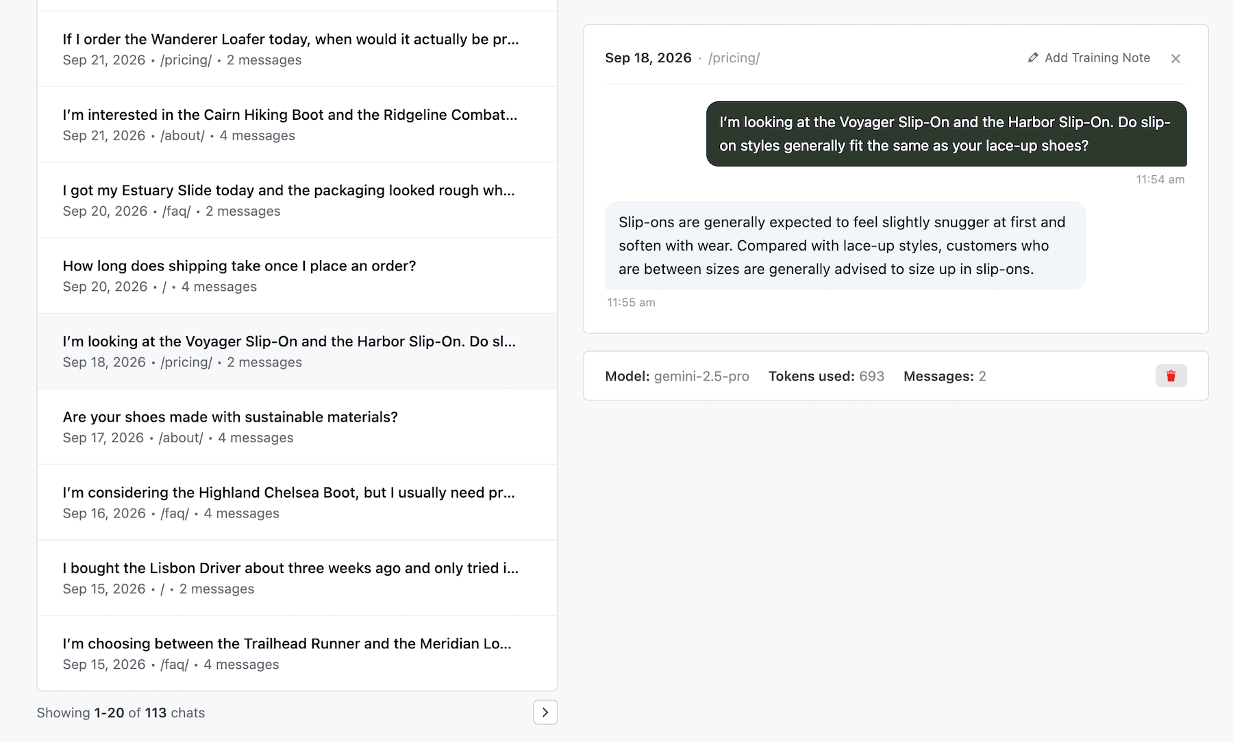 Conversation with the chatbot