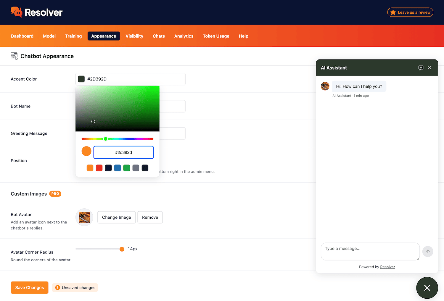 Resolver Appearance menu
