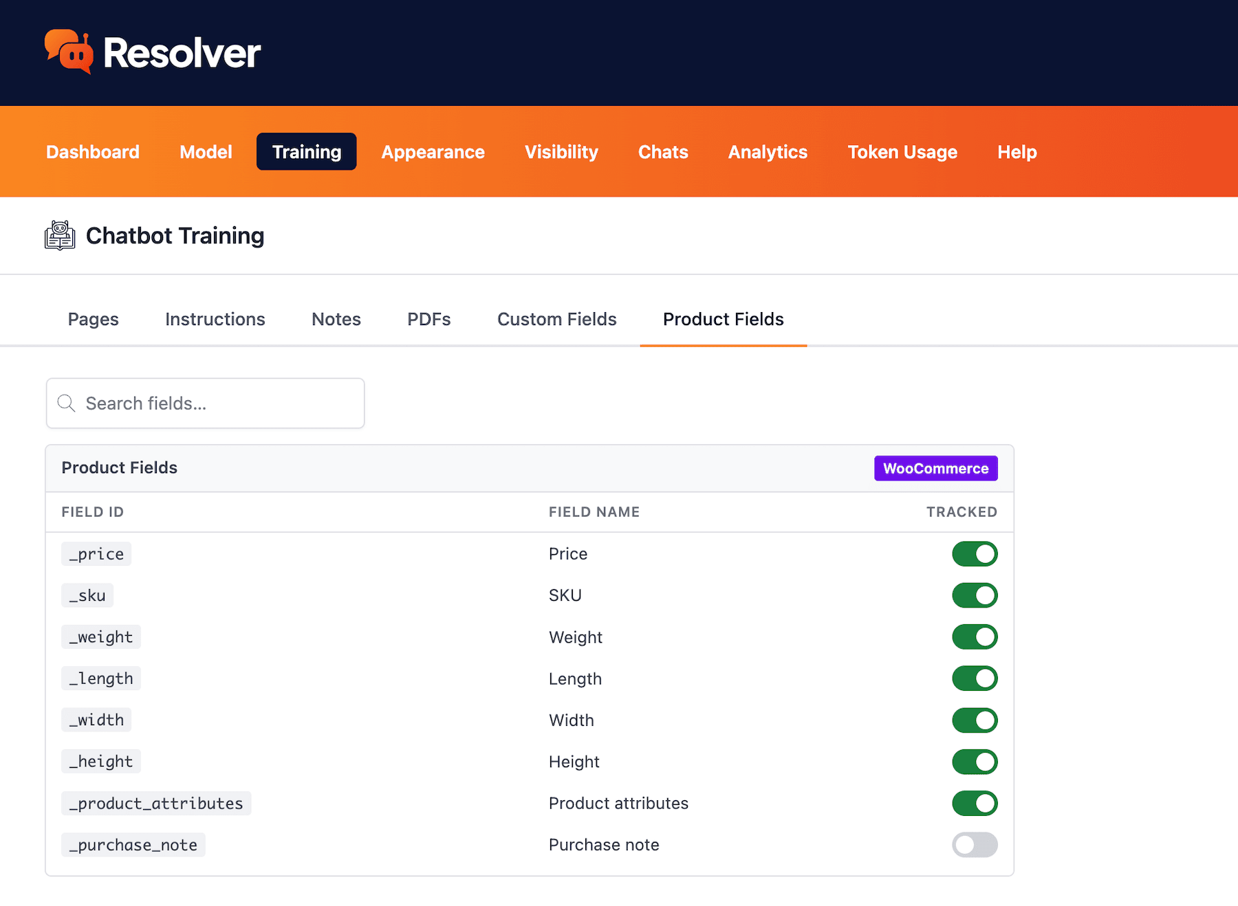 Resolver Product Fields menu